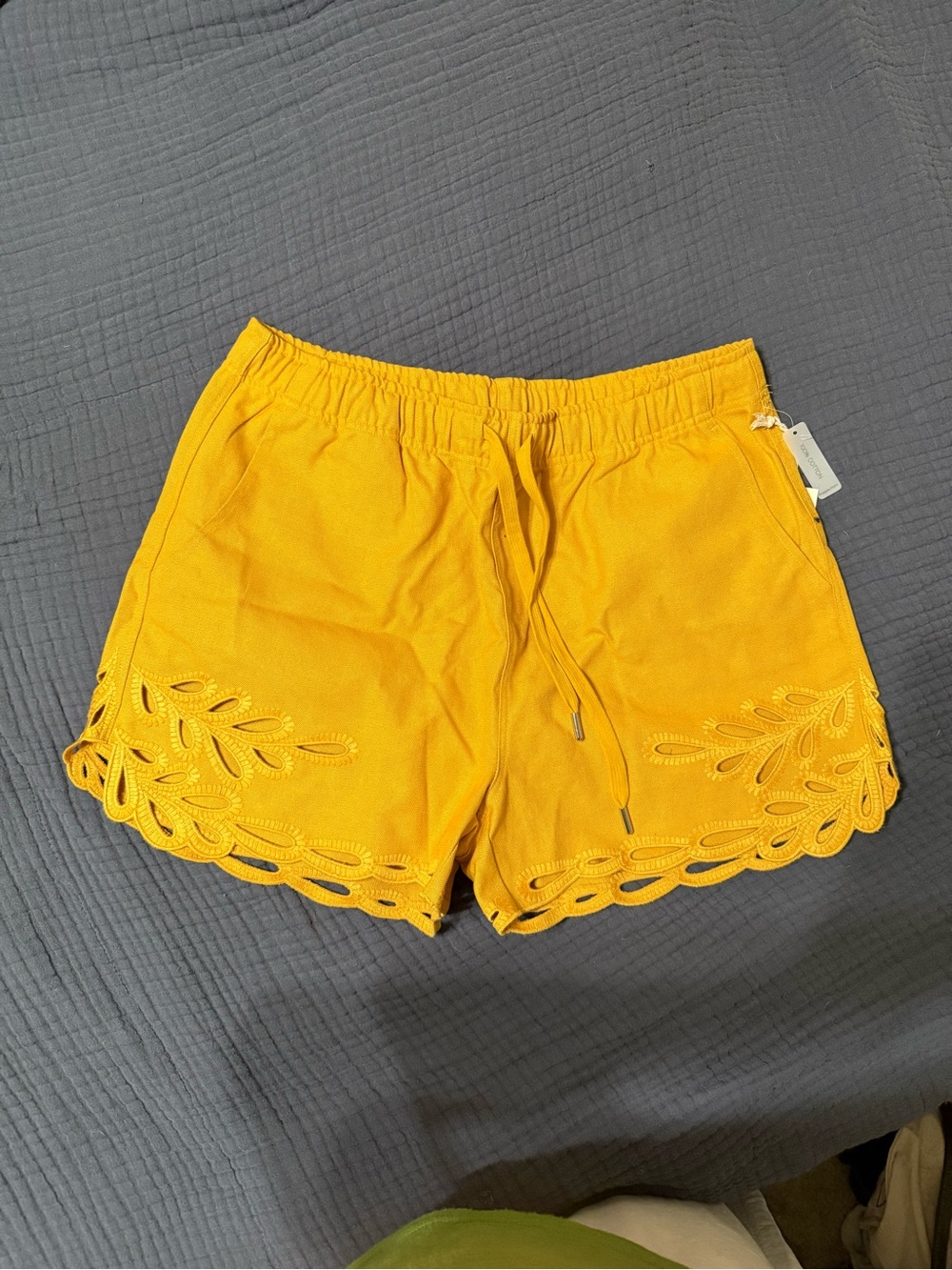 Magaschoni Yellow Scalloped Eyelet Drawstring Women's Shorts